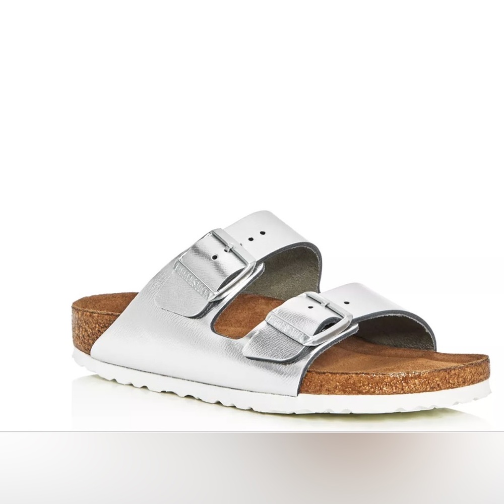 Birkenstock women’s Arizona soft footbed slide sandals- silver leather